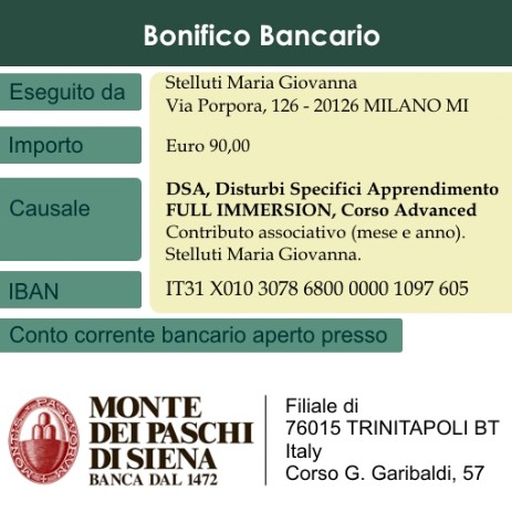 DSA, Disturbi Specifici dell'Apprendimento bonifico bancario